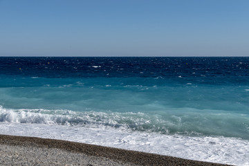 View from the beach in front of Nice on the surf in the Mediterranean on the French Riviera