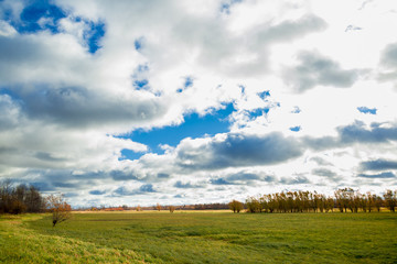 Fototapeta na wymiar Cloudy over an uncut field in September