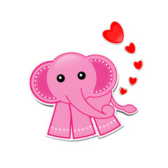 Pink Elephant cartoon with hearts on white