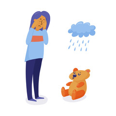 Unhappy, depressed woman, girl standing and crying, head in hands, flat vector illustration isolated on white background. Crying girl, woman, raining cloud and sad teddy bear as symbols of depression