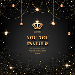 VIP invitation template with golden crown, confetti and sparkling beads on black background