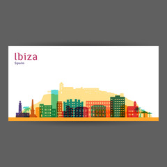 Ibiza city architecture silhouette. Colorful skyline. City flat design. Vector business card.