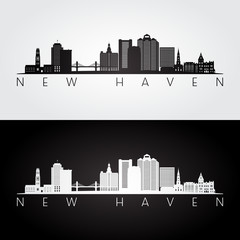 Obraz premium New Haven, USA skyline and landmarks silhouette, black and white design, vector illustration.