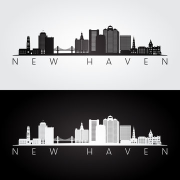 New Haven, USA skyline and landmarks silhouette, black and white design, vector illustration.