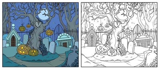 Naklejka premium Scary old tree with tied pumpkins in an old abandoned cemetery with crypts linear drawing color and outlined for coloring