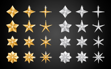 Set of realistic metallic golden and silver stars of different shapes isolated on a black background