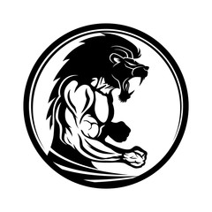 Sign of muscular athlete fighter with lion head.
