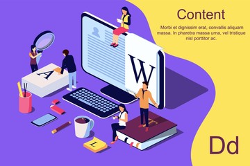Isometric concept creative writing or blogging, education and content management for web page, banner, social media, documents, cards, posters. Vector illustration for news, copywriting