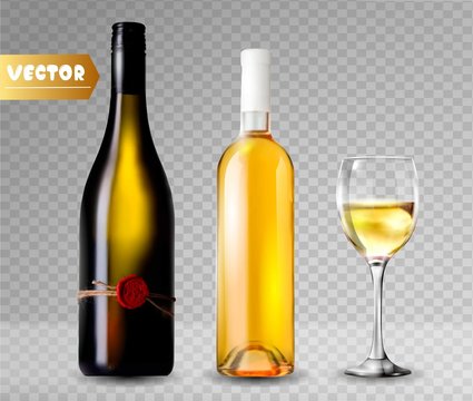 Bottle of wine and wineglass. 3d realism, vector icon with transparency.