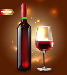 Bottle of wine and wineglass. Red splash. 3d realism, vector icon.