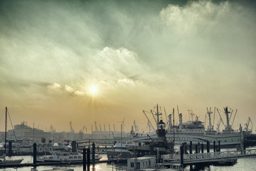 Hamburg Germany sky river sun mystic bridge water reflexion ship boat yacht harbour crane luxury