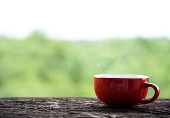 Hot coffee Red Coffee Cup wooden table morning nature