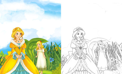 Obraz na płótnie Canvas cartoon fairy tale with beautiful princess - elf girls on the meadow - illustration for children