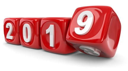 3D Illustration Jahreswechsel 2019 rote Würfel