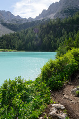 Detail shot of the wonderfull Sorapiss lake in the italian Alps, in the Dolomites mountains range...