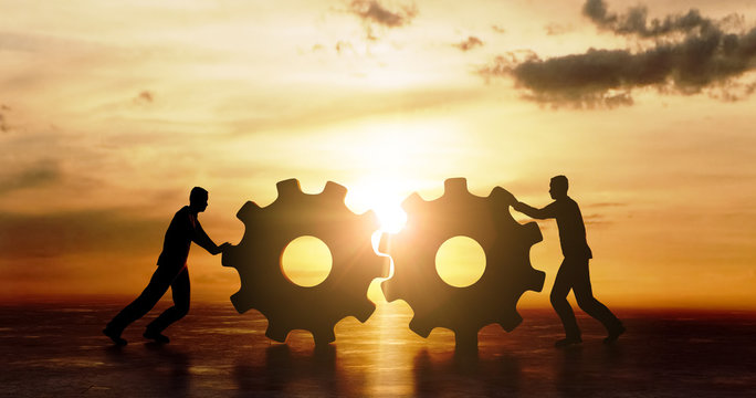 3D Illustration Sonnenuntergang Silhouette Zahnr&auml;der Teamwork