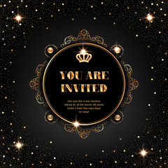 Fototapeta na wymiar VIP invitation template with golden crown and sparkling confetti on black background