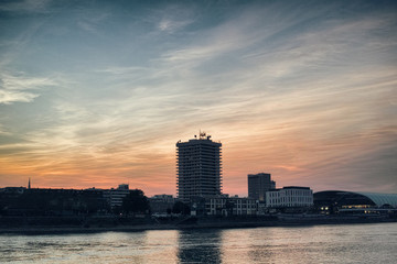 Time exposure mannheim city chill sundwon street ludwigshafen river red orange skyline modern cloud...