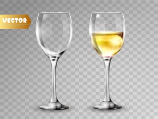 Transparency wine glass. Empty and full. 3d realism, vector icon.