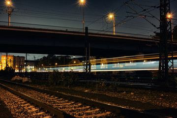 Time exposure mannheim city driving central station dark train bus street light railway university