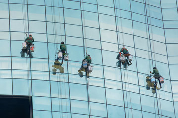 Many men are hanging down cleaning the glass skyscrapers.