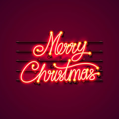 Neon Merry Christmas signboard on the red background. Vector illustration