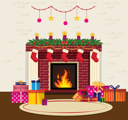 Cozy Christmas interior. Brick wall with a traditional Christmas fireplace. Fireplace is decorated with socks and candles, in front of the fireplace there is a carpet and gifts. 