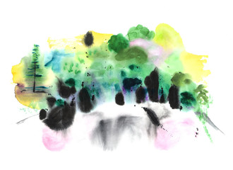 A watercolor drawing of a forest, an abstract landscape on a white background with copy space