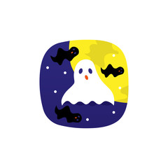 Vector illustration. Halloween greeting icons. Funny stickers with traditional elements: full moon, ghosts for Halloween party.