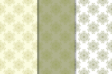 Olive green floral designs. Set of seamless patterns