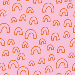 Hand drawn abstract seamless pattern with linear cute arches. Funny background in Memphis style. Retro backdrop for wrapping paper, textile, fabric, web, card. Vector illustration.