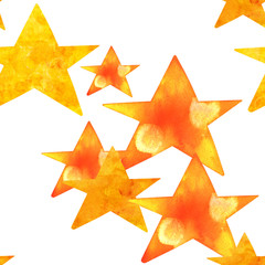 A seamless pattern with golden yellow watercolour stars on a white background, a starry repeat print