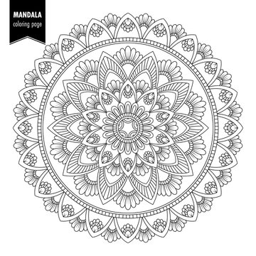 Monochrome ethnic mandala design. Anti-stress coloring page for adults. Hand drawn illustration