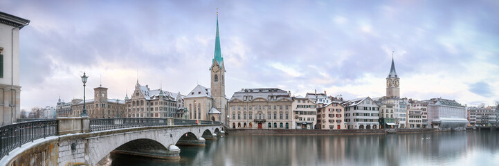 Old Zurich town in winter, view on lake
