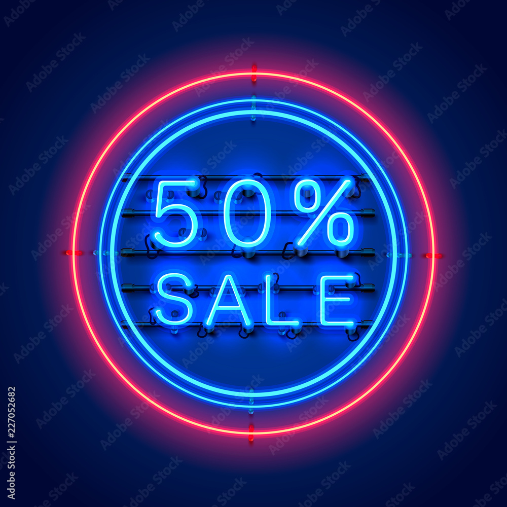 Wall mural neon 50 sale text banner. night sign. vector illustration