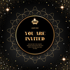 VIP invitation template with golden crown and sparkling confetti on black background