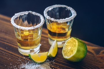 Shot of tequila with lime and salt on dark background