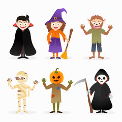 Set of cartoon isolated vector halloween costume characters	