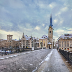 Fototapeta premium Old Zurich town in winter, view on lake
