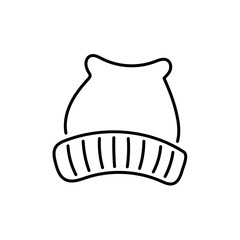 Black & white vector illustration of wool knitted hat. Line icon of textile winter cap. Accessory for men or women to protect head from cold weather. Isolated on white background.