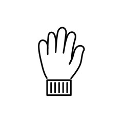 Black & white vector illustration of winter knitted mitten. Line icon of traditional handmade accessory for men or women to protect hands from cold weather. Isolated on white background.