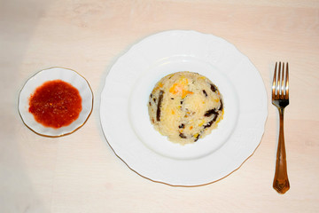 breakfast with fried eggs and bacon