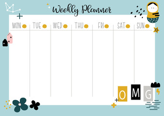 Vector illustration of cute note pad stationary. Weekly organizer planner with scandinavian style character