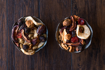 Dried Fruits; Apple, Apricot, Mulberry, Raisin, Fig, Cranberry, Raspberry and Date in Bowl.