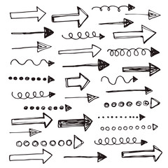 Hand drawn collection of abstract arrows. Doodle arrow vector illustration isolated on white background.