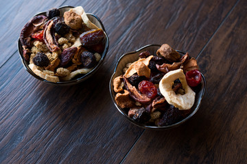 Dried Fruits; Apple, Apricot, Mulberry, Raisin, Fig, Cranberry, Raspberry and Date in Bowl.