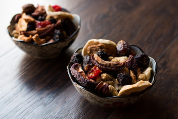 Dried Fruits; Apple, Apricot, Mulberry, Raisin, Fig, Cranberry, Raspberry and Date in Bowl.