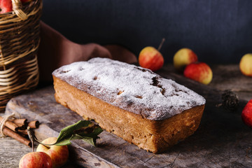 Homemade Apple Cinnamon Coffee Cake with fresh apples on old rustic wooden table. Selective focus