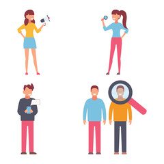 Fototapeta na wymiar Male and female characters. Flat design vector of people with objects