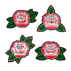Set of roses in the style of the old school tattoo. Isolated on white background. Vector illustration.